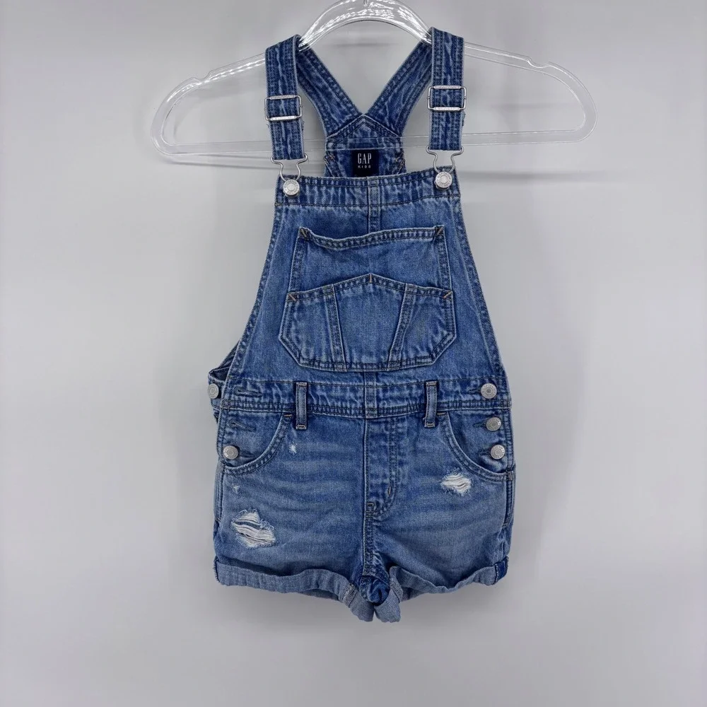 GAP Denim Overalls Shorts Distressed Light Wash Adjustable‎ Straps Medium